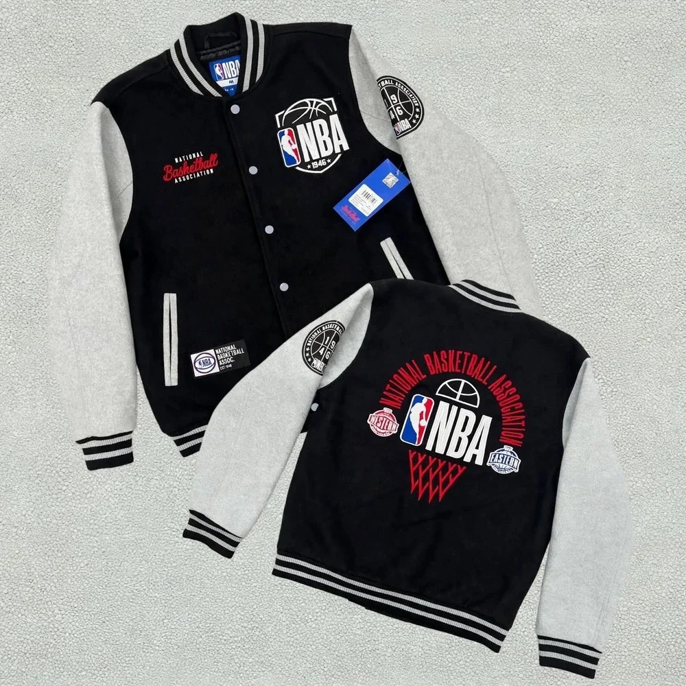 NBA Final Boss Varsity Letterman Jacket Mens M Black Grey Snap Front Bomber NWT